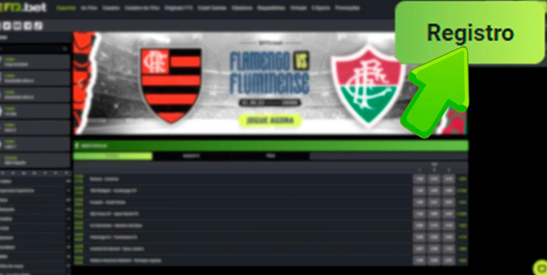 Site principal e botão de registro de nova conta