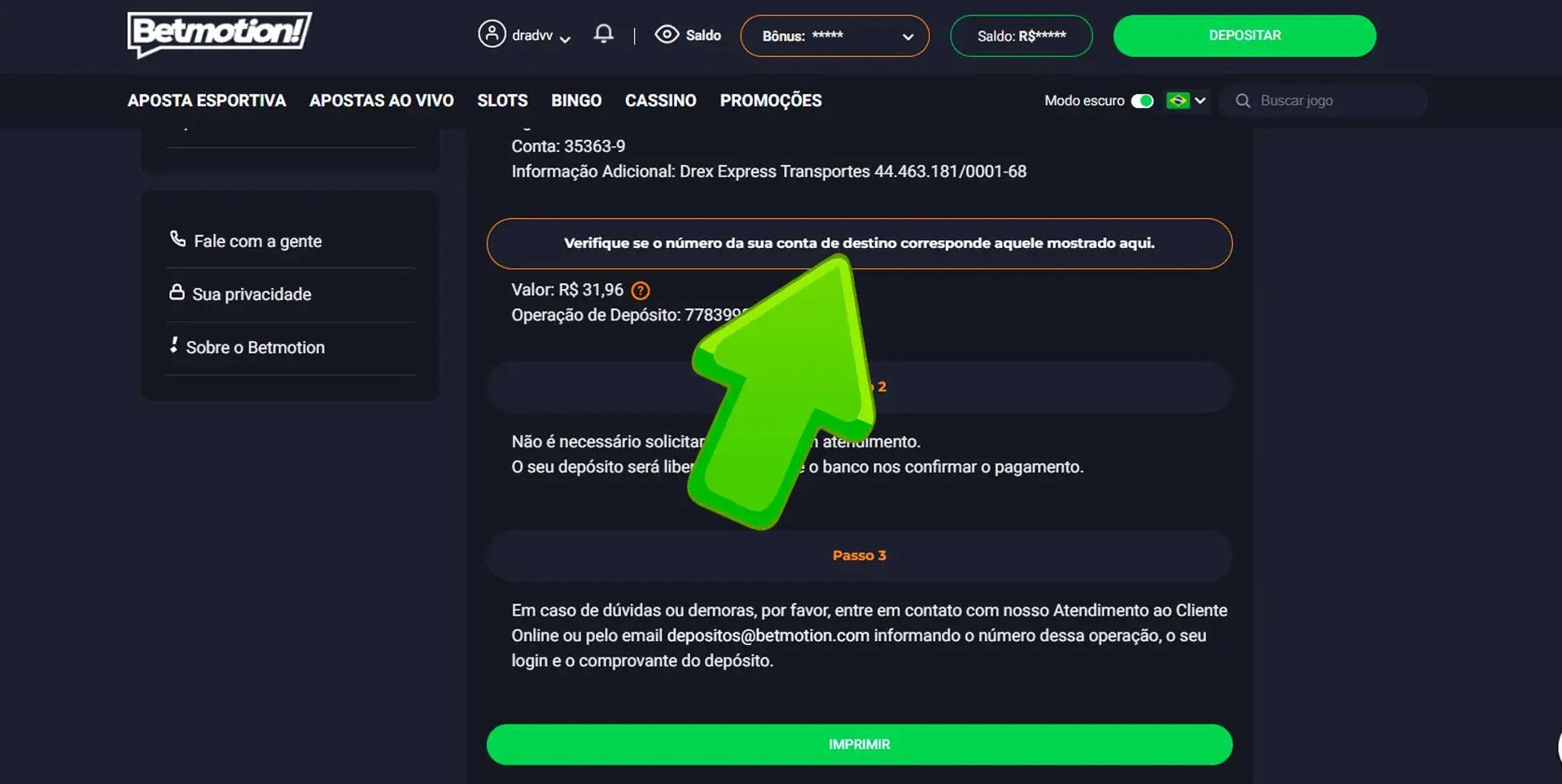 Mensagem de confirmação na página oficial