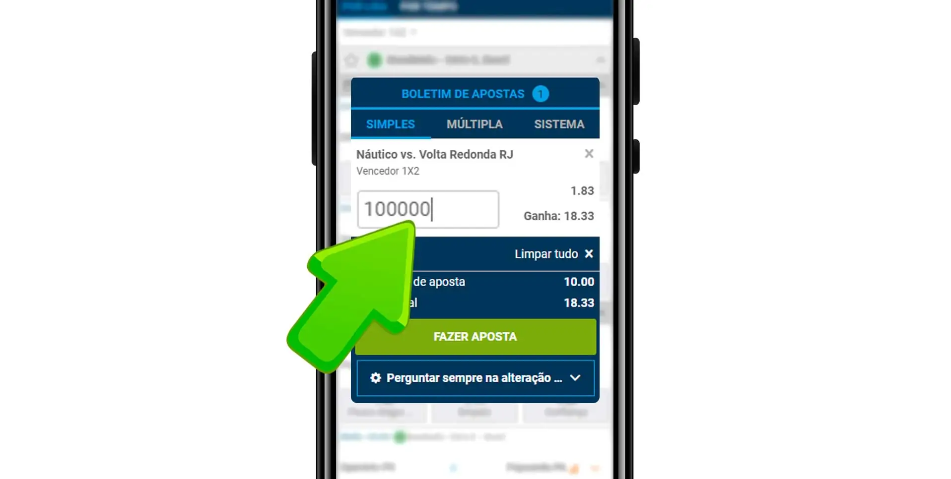 Inserir o valor desejado de uma aposta esportiva
