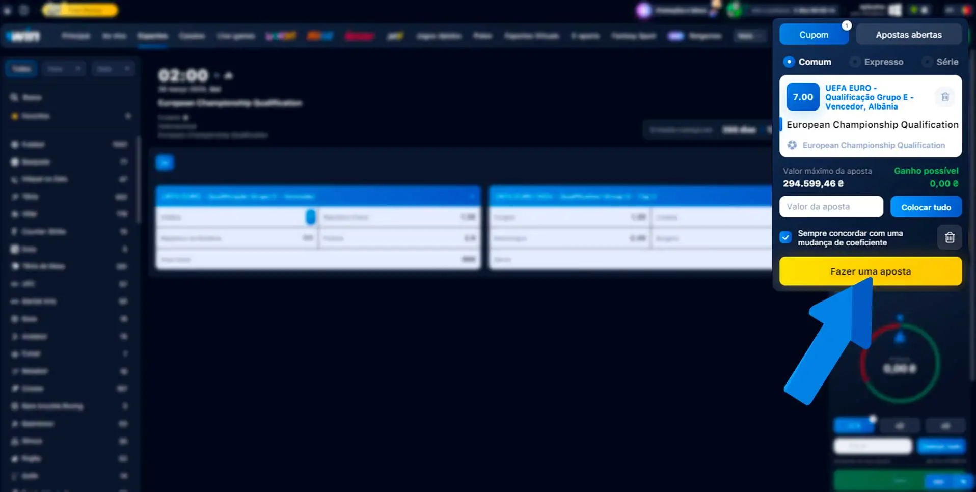 Faça uma aposta no evento selecionado e nas probabilidades
