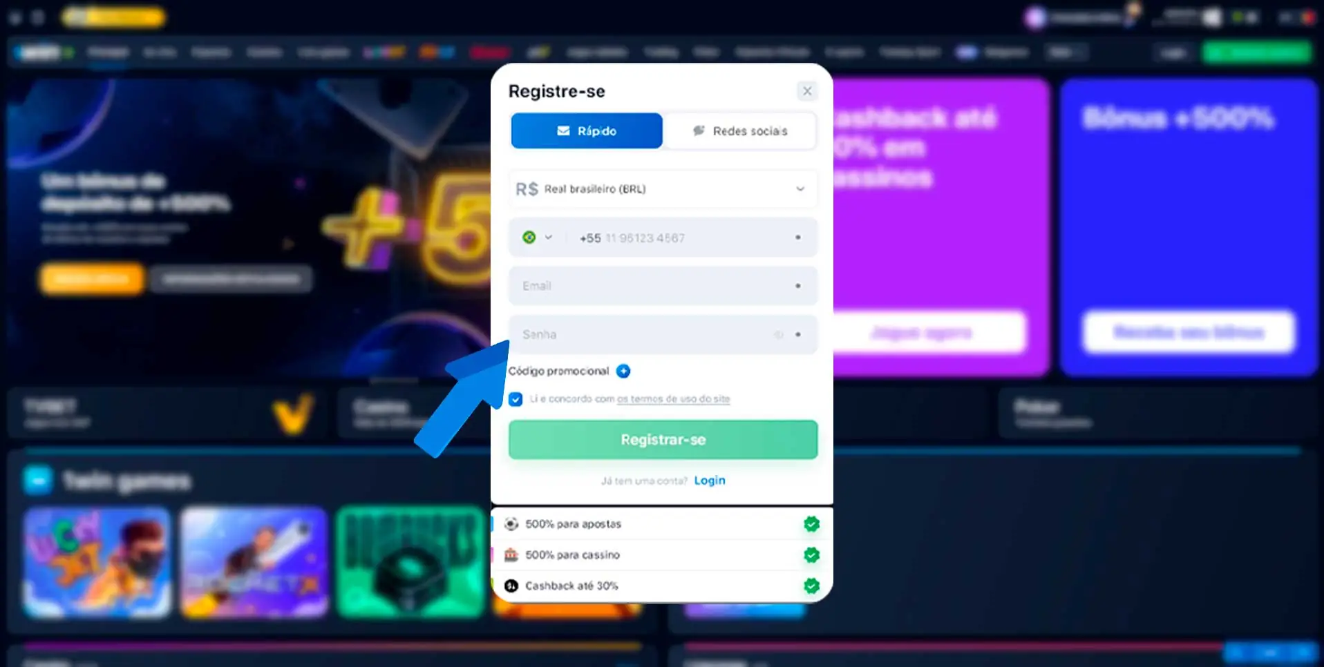 Preenchimento do formulário com os detalhes do registro