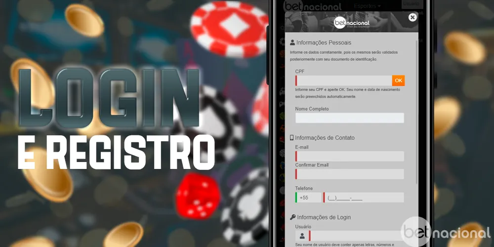 Login e registro no aplicativo móvel Betnacional Brasil