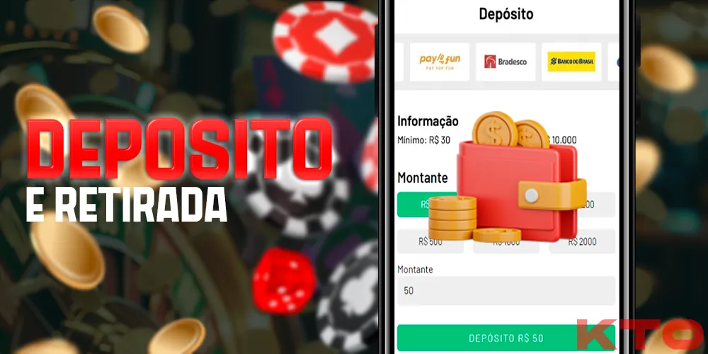 Depósito e retirada de dinheiro no aplicativo móvel KTO Brasil