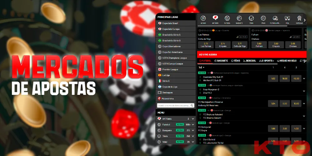 Mercados de apostas esportivas no site da KTO Brasil
